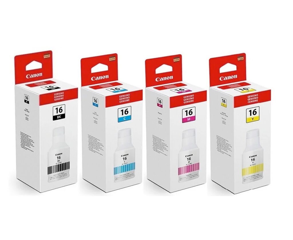 Combo tintas Canon GI-16 originales — 4 botellas BK, C, M, Y para Canon Maxify GX6010, GX7010 y GX4010