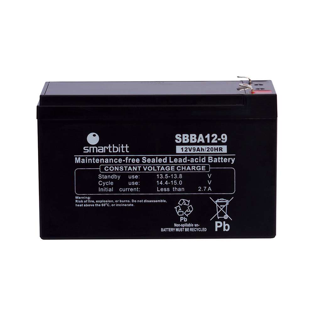 Batería Smartbitt de repuesto para UPS de 12 V y 9 Ah, vista frontal con terminales