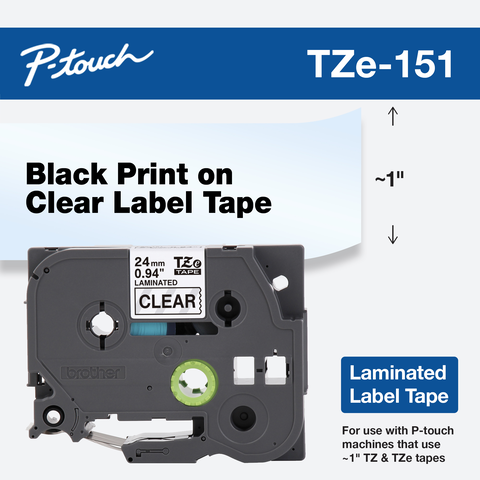 Cinta laminada Brother TZe-151 de 24 mm por 8 m, letras negras sobre fondo transparente