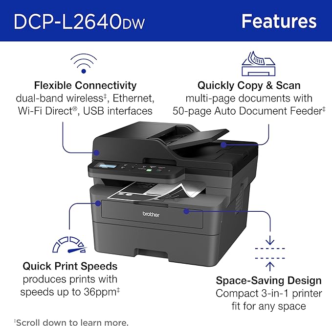 Impresora Laser Brother DCP-L2640DW | inalámbrica monocromática con copia y escaneo, dúplex, móvil, blanco y negro