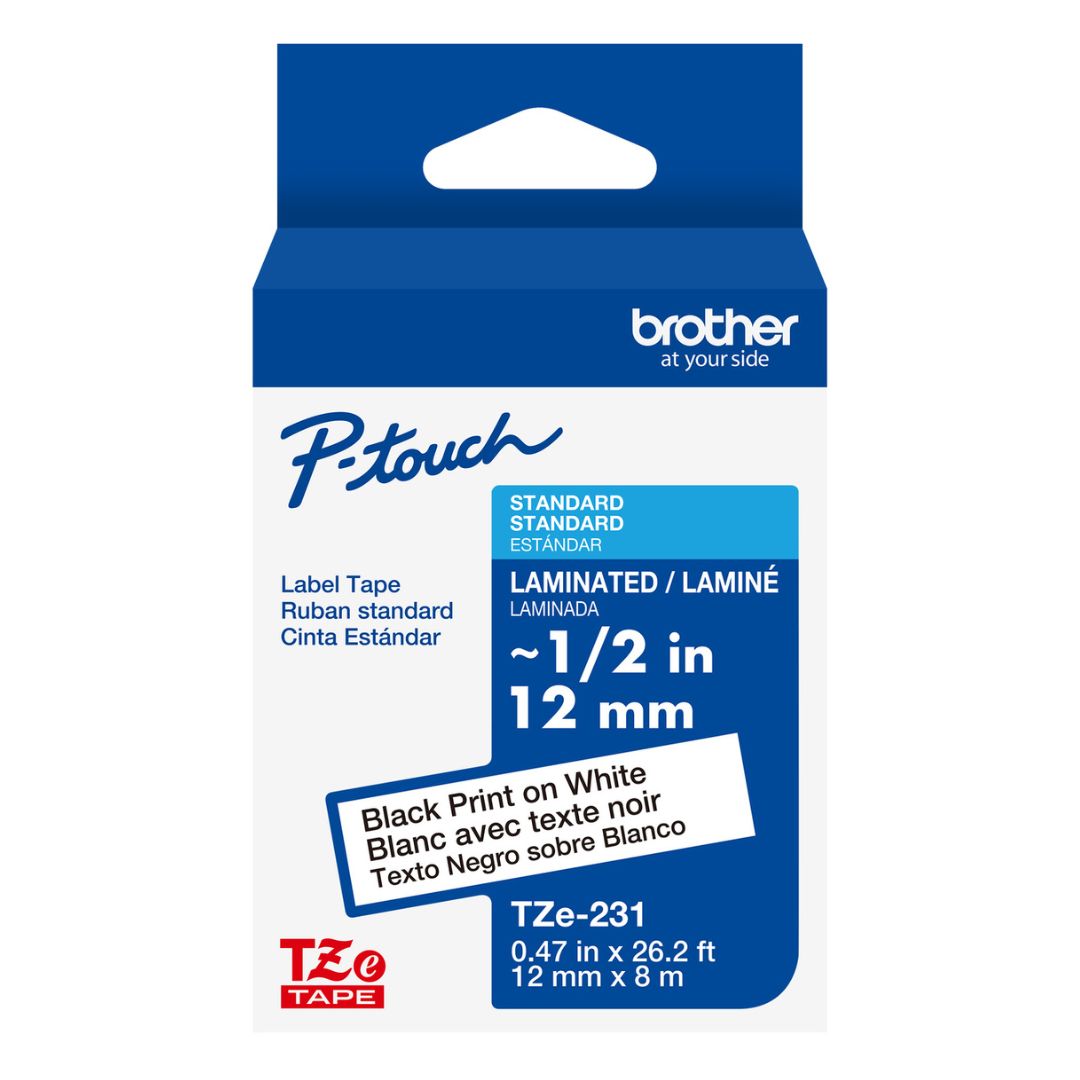 Cinta Laminada para uso interior y exterior Brother TZe-231 | 12 mm | 0.47" | Fondo Blanco y Letras Negras - Panamá