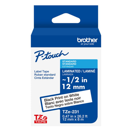 Cinta Laminada para uso interior y exterior Brother TZe-231 | 12 mm | 0.47" | Fondo Blanco y Letras Negras - Panamá
