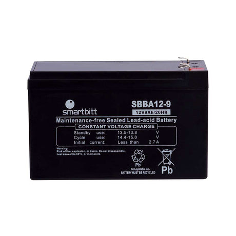 Batería Smartbitt de repuesto para UPS de 12 V y 9 Ah, vista frontal con terminales