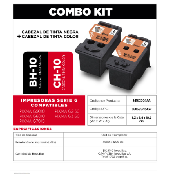 Cabezal Canon G2160 / G3160 / G2170 / G3170 | BH-10 + CH-10 | BH10 CH10 | 3418C004AA - Panamá