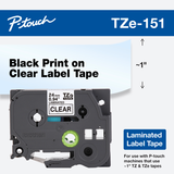 Cinta laminada Brother TZe-151 de 24 mm por 8 m, letras negras sobre fondo transparente