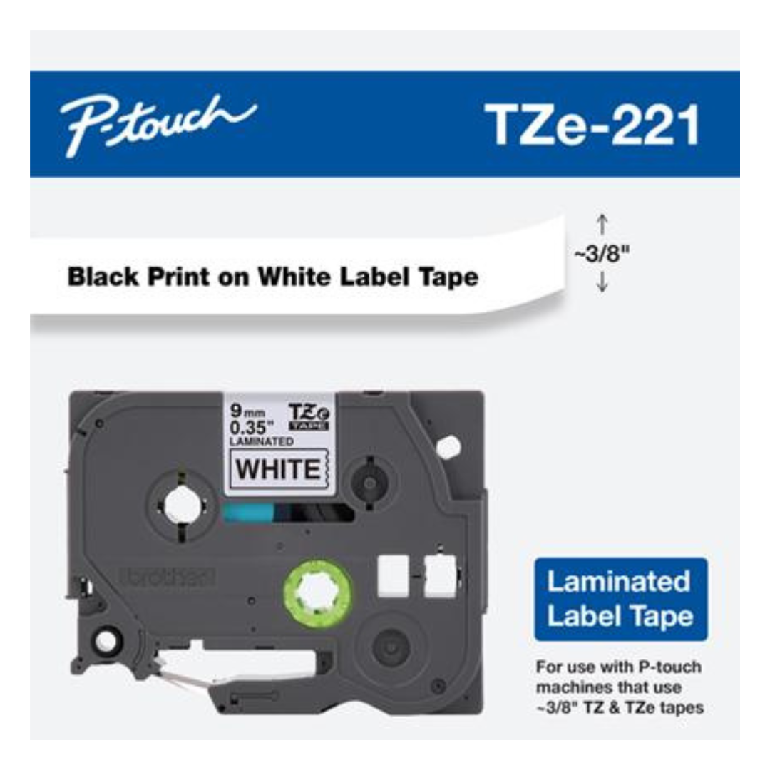 Cinta Laminada para uso interior y exterior Brother TZe-221 | 9 mm | 0.35" | Fondo Blanco y Letras Negras - Panamá