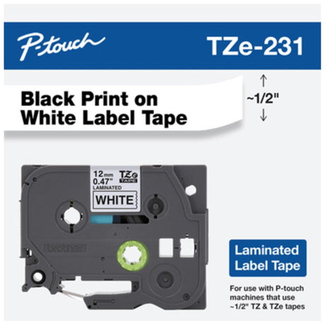 Cinta Laminada para uso interior y exterior Brother TZe-231 | 12 mm | 0.47" | Fondo Blanco y Letras Negras - Panamá