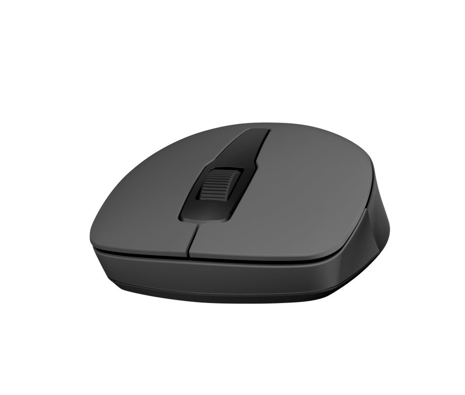 Mouse inalámbrico HP 150 negro, vista frontal de los botones y rueda