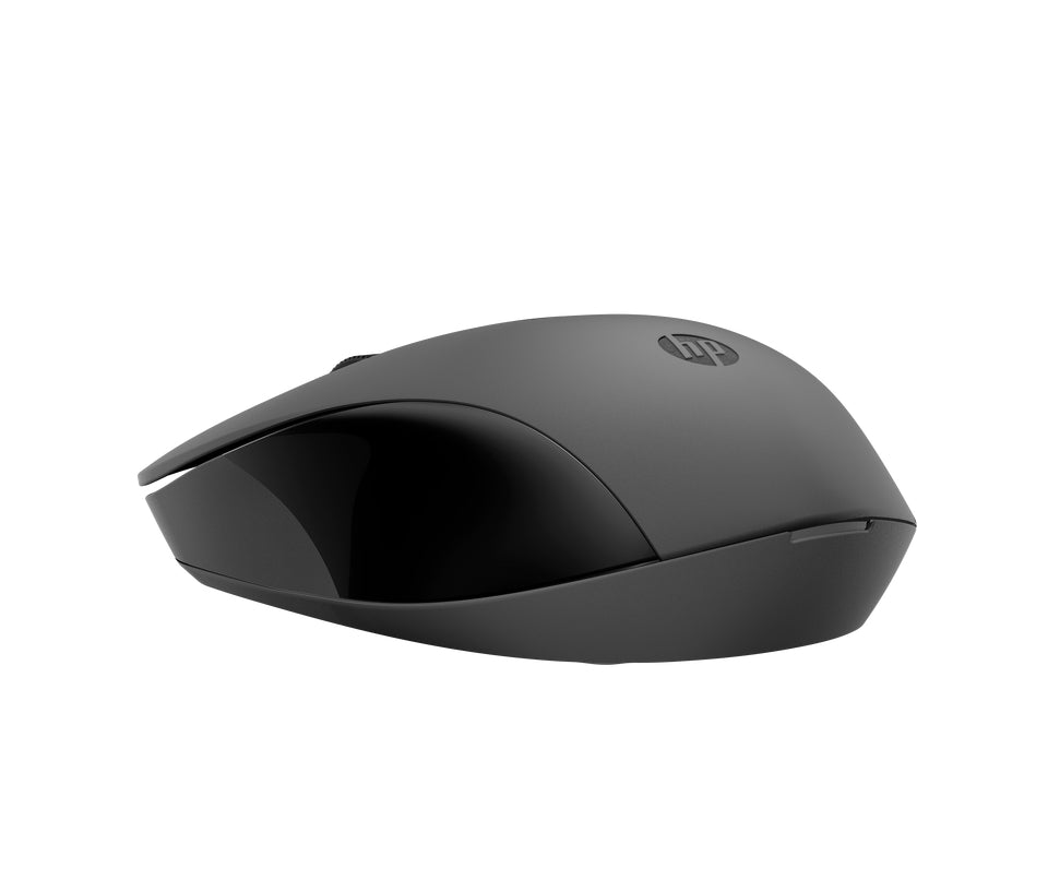 Mouse inalámbrico HP 150 negro, vista posterior en ángulo izquierdo