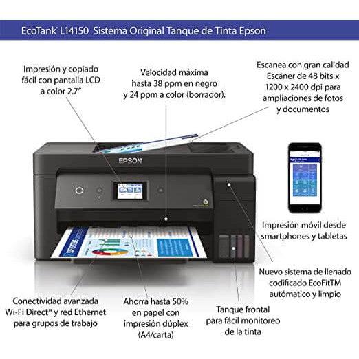 Impresora Epson EcoTank L14150 Multifuncional Inalámbrica 4 en 1 - Imprime hasta 13" x 19" - Rendimiento de 7,500 páginas en Negro y 6,000 a Color - Panamá