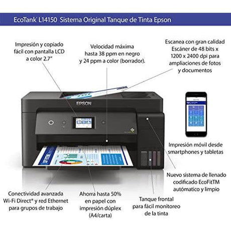 Impresora Epson EcoTank L14150 Multifuncional Inalámbrica 4 en 1 - Imprime hasta 13" x 19" - Rendimiento de 7,500 páginas en Negro y 6,000 a Color - Panamá