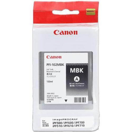 Tinta Canon PFI-102MBK | Negro Matte | Para imagePROGRAF IPF500 / IPF600 / IPF700 / IPF710 / IPF720 / IPF750 / IPF755 / IPF760 / IPF765 (LIquidación) - Panamá